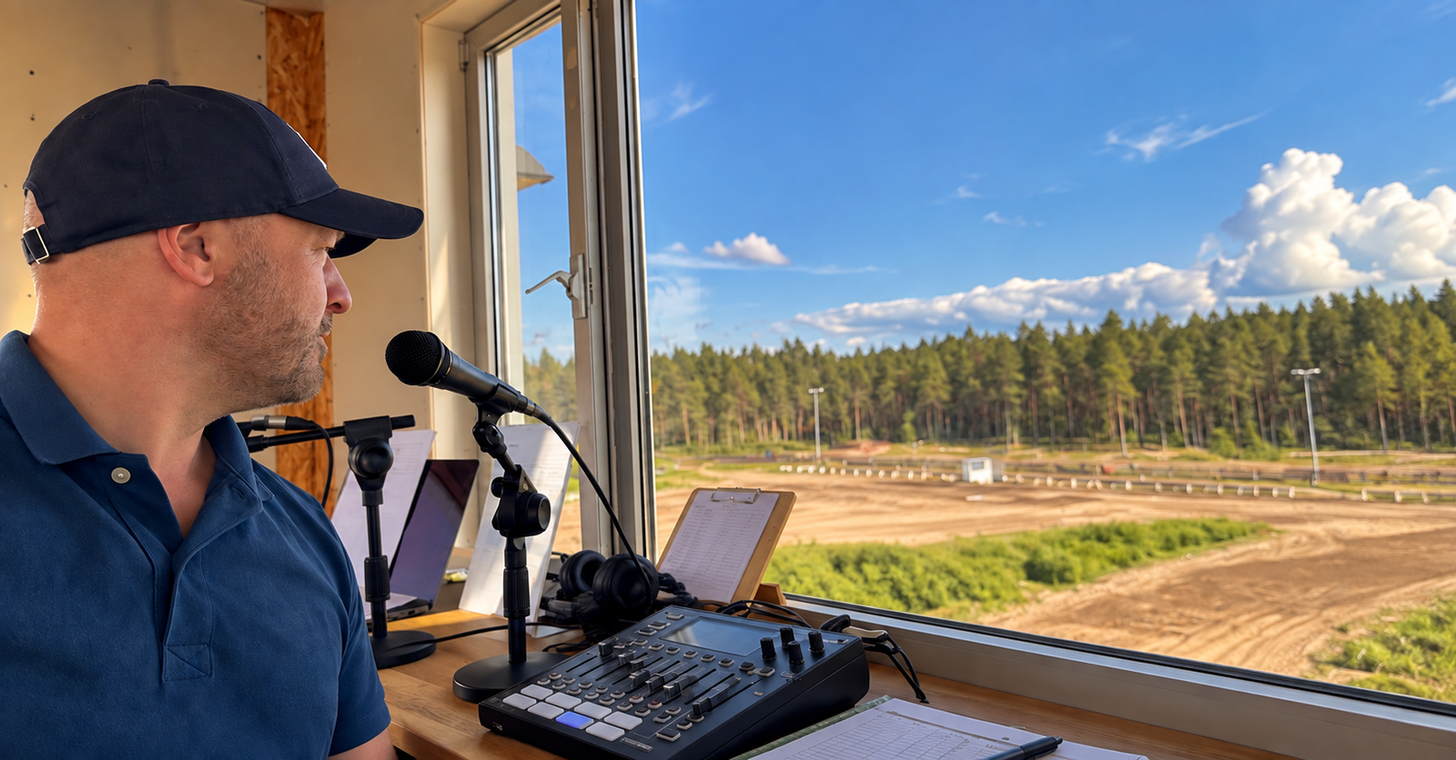 Daniel arbetar som speaker med mikrofon och ljudmixer vid ett publikevenemang